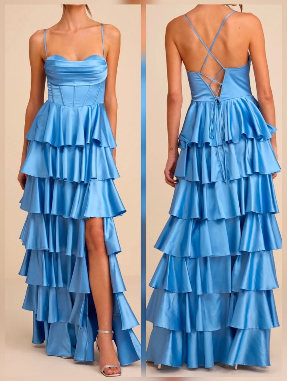 Lulus Arletta Light Blue Satin Bustier Tiered Maxi Dress - Size Medium - NWT!
